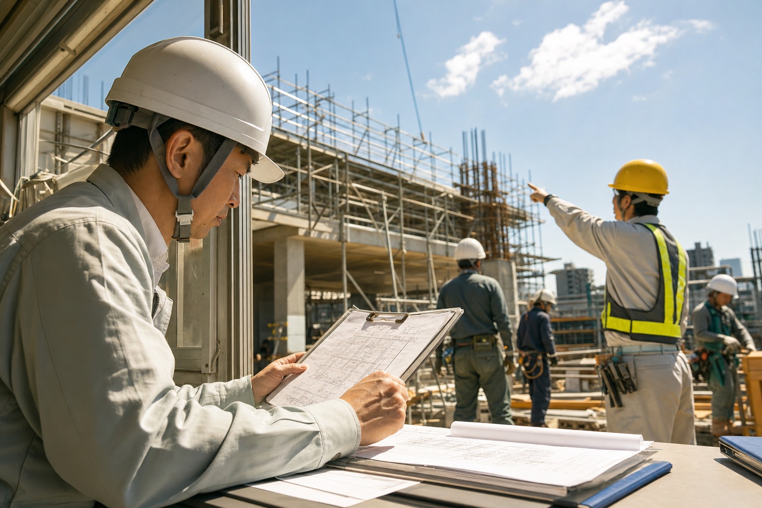施工管理と現場監督の違いを表す建設現場のイメージ(図面を確認する管理者と、現場で作業を指示する監督)