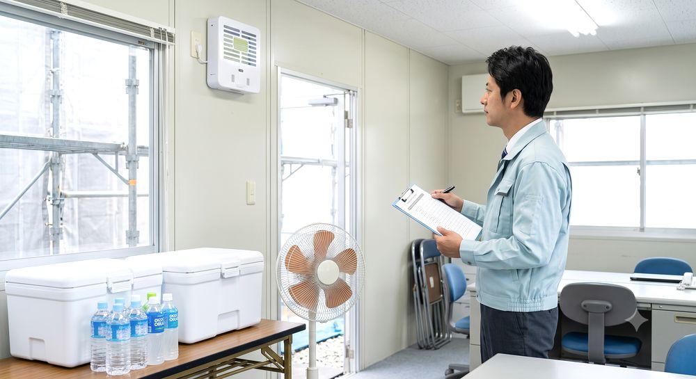 屋内の粘着式捕虫器を入口正面を避けて設置した詰め所の配置例