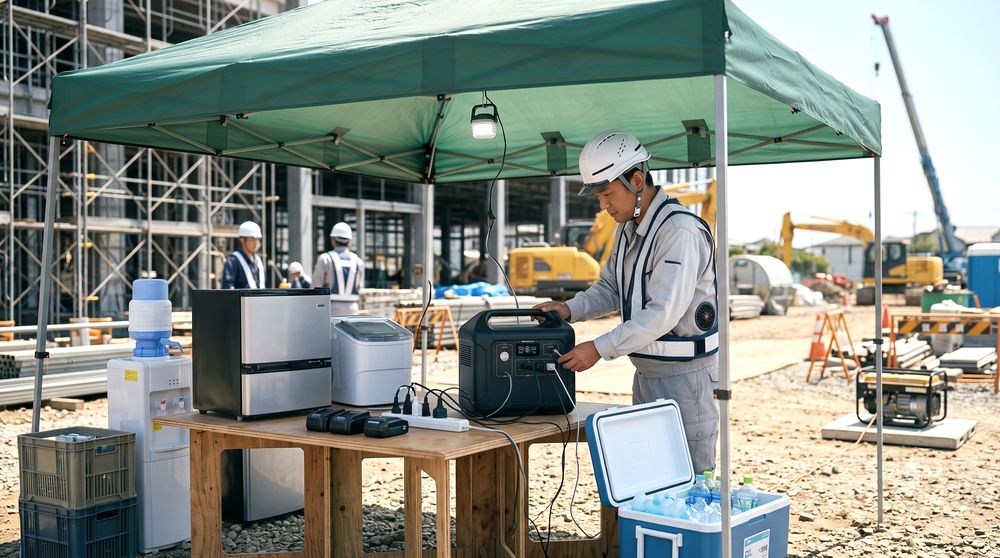 ポータブル電源で冷温庫や製氷機を運用する建設現場