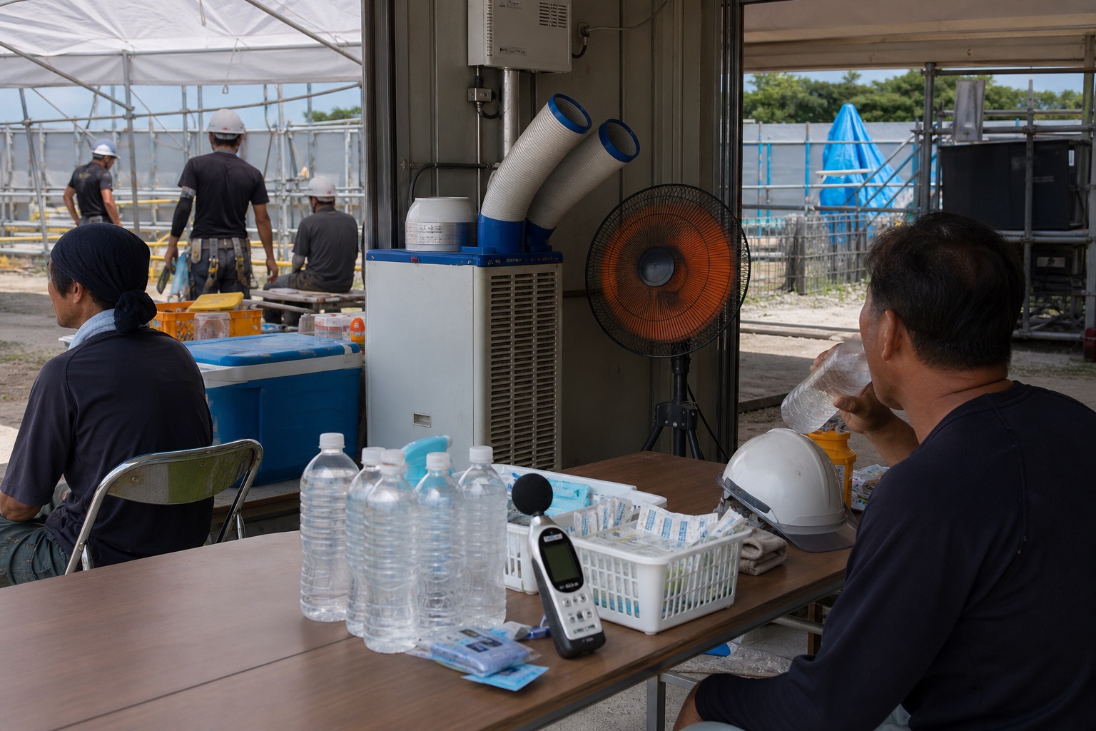 建設現場の休憩所にスポットクーラー・送風・補給品を備えた暑さ対策のイメージ
