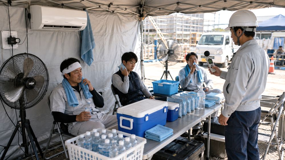 日よけテントと送風・飲料を備えた涼しい休憩設備の様子
