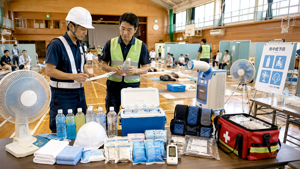 避難所で工場扇や熱中症対策用品を確認する運営スタッフ