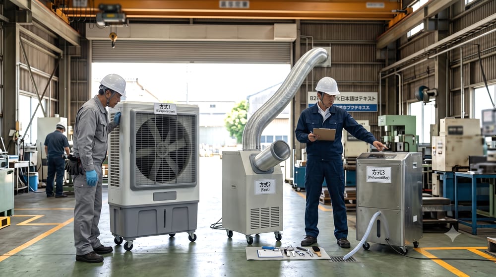 高湿度・閉鎖空間の工場で気化式冷風機の効果が限定されるイメージ