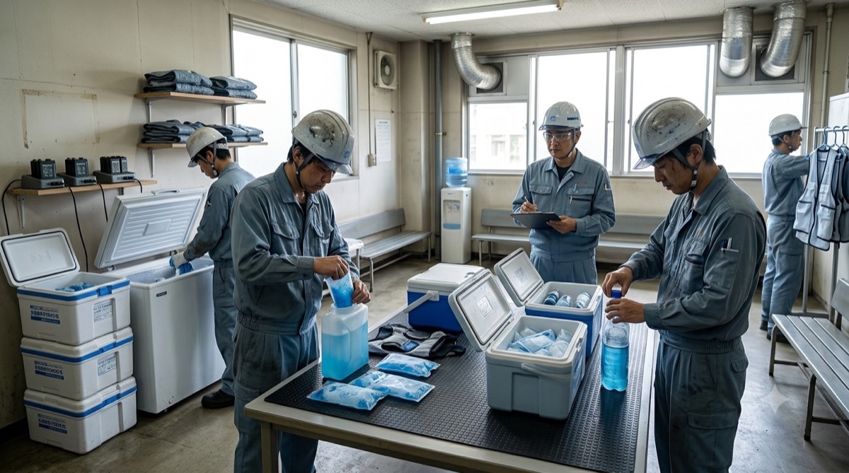 工場で水冷ベストの氷・保冷剤を交換し冷凍庫で再凍結する運用イメージ
