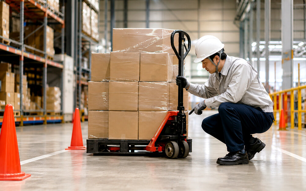 ハンドパレット作業前に荷物のバランスと通路を確認する様子