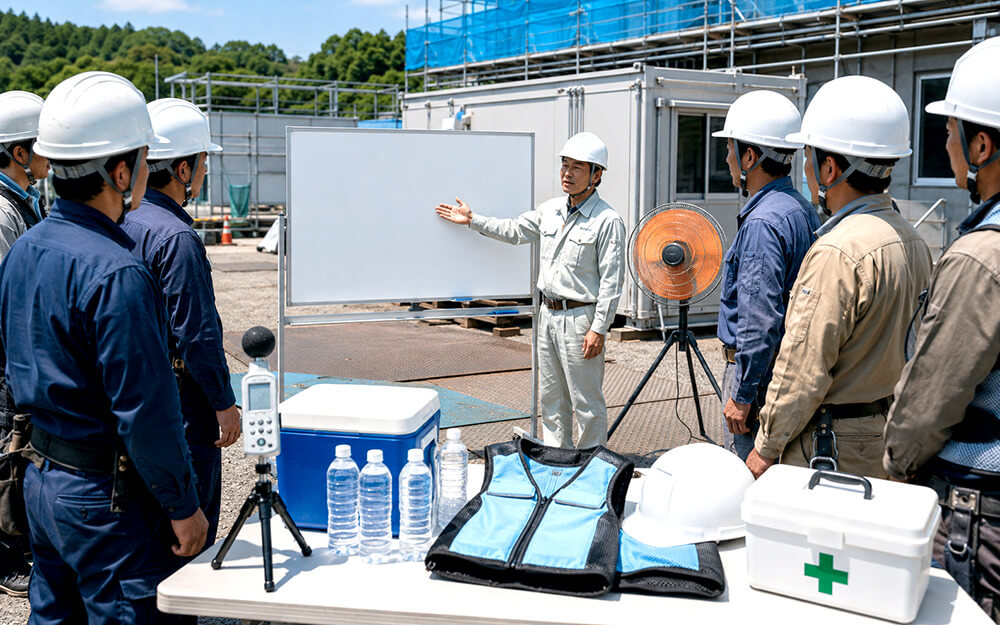 熱中症対策の休憩と作業中止判断フローを現場で共有する様子