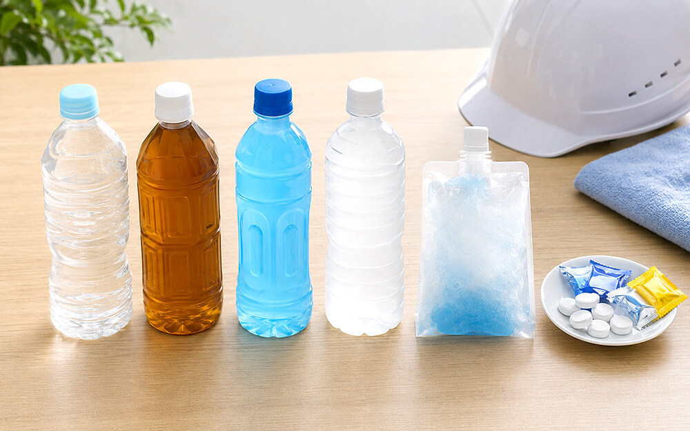 水、麦茶、スポーツドリンク、経口補水液の使い分けイメージ