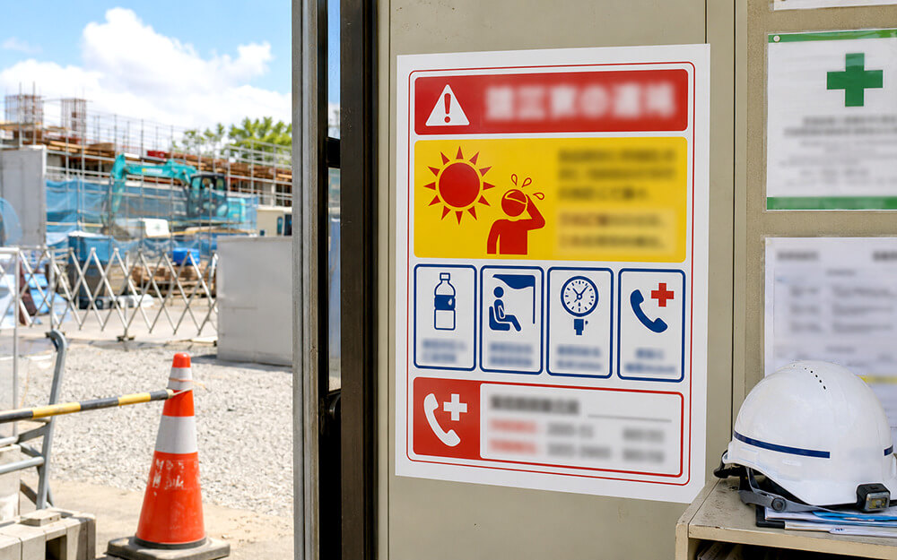 熱中症注意標識と緊急連絡先を掲示した現場