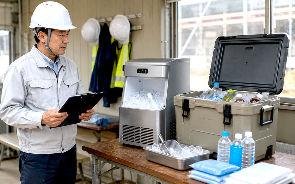 製氷機とクーラーボックスを現場休憩所で比較する様子