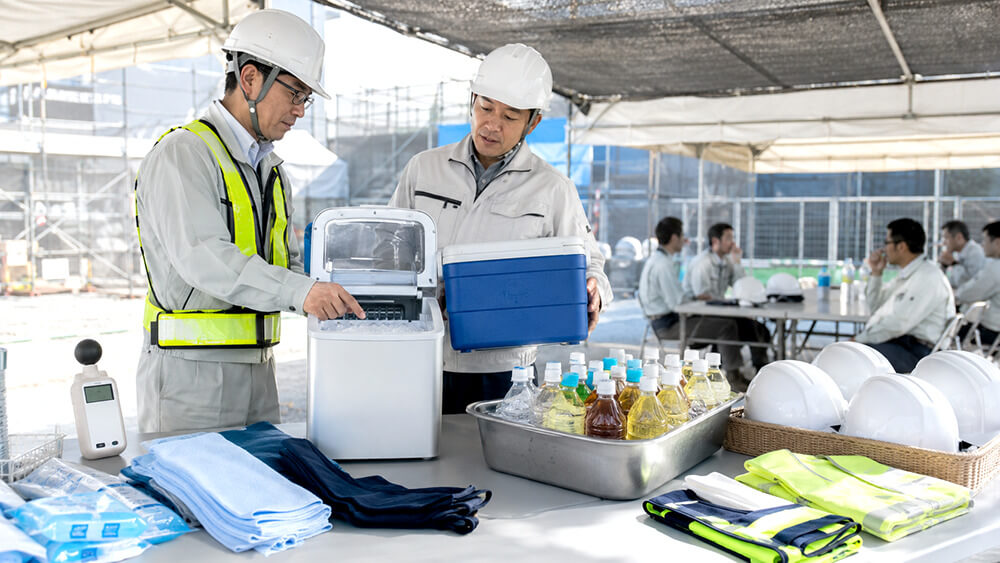 建設現場の休憩所で製氷機と熱中症対策用品を確認する安全担当者