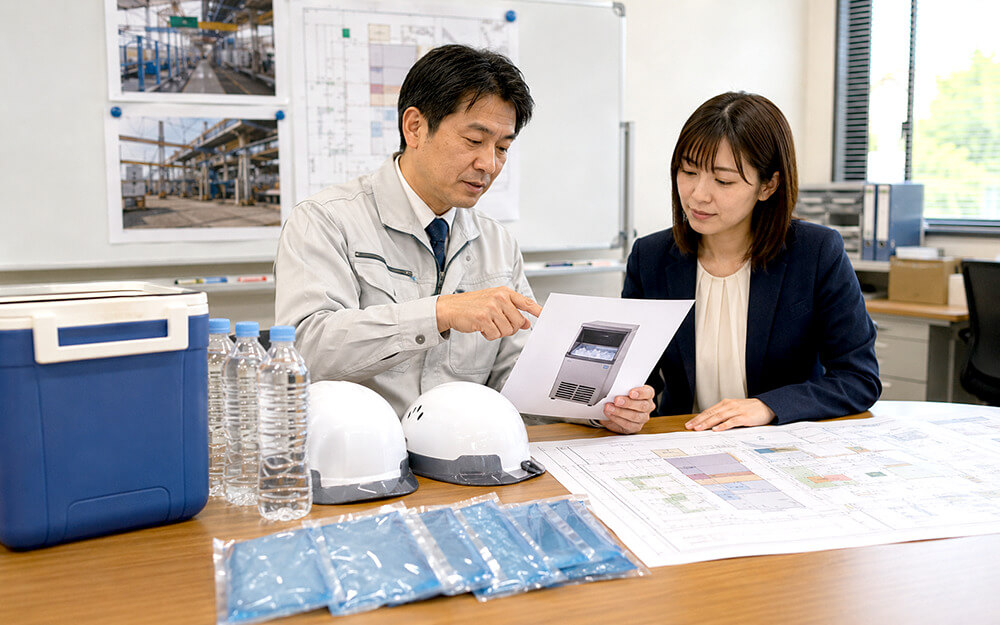 製氷機の設置場所や運用ルールを確認する安全衛生担当者