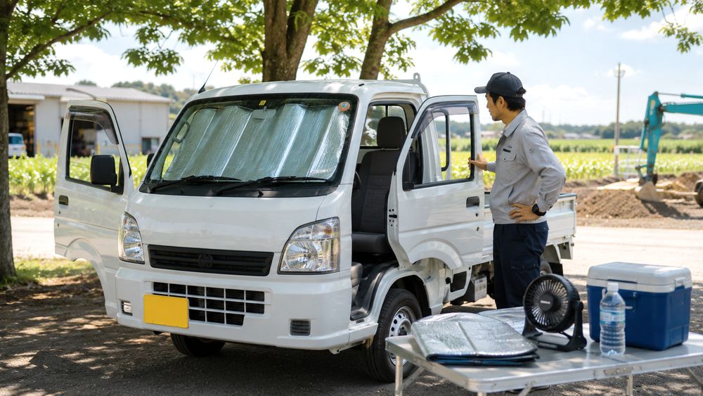 乗車前にドアや窓を開けて軽トラの車内を換気・冷却するイメージ