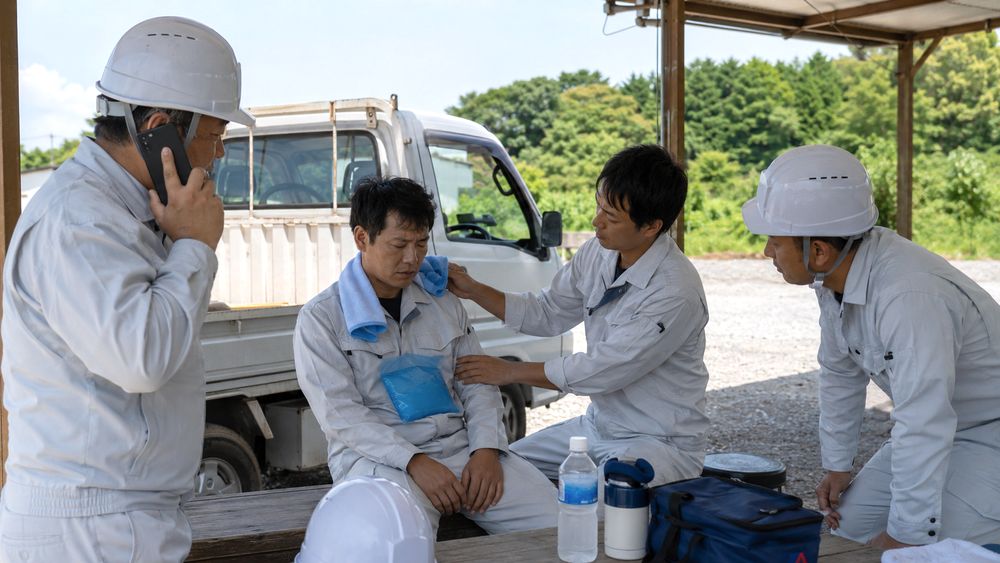 軽トラ現場で体調不良者を涼しい場所へ移し応急対応するイメージ