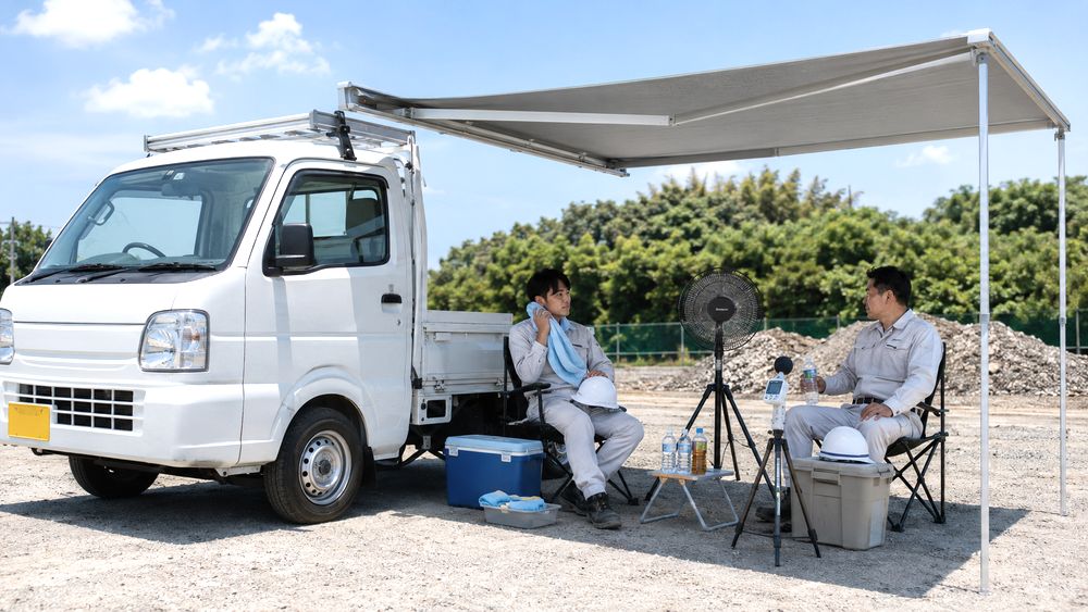 軽トラ横に日陰と工場扇を設けた移動休憩・補給拠点のイメージ