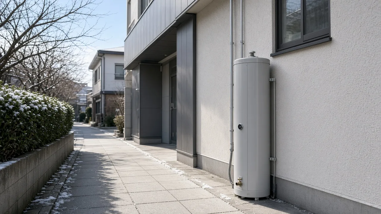 外壁沿いに省スペース設置した灯油タンクのイメージ