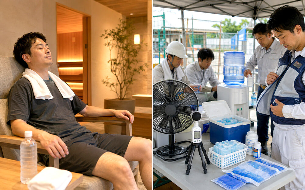 サウナと屋外作業の熱中症リスクを比較するイメージ