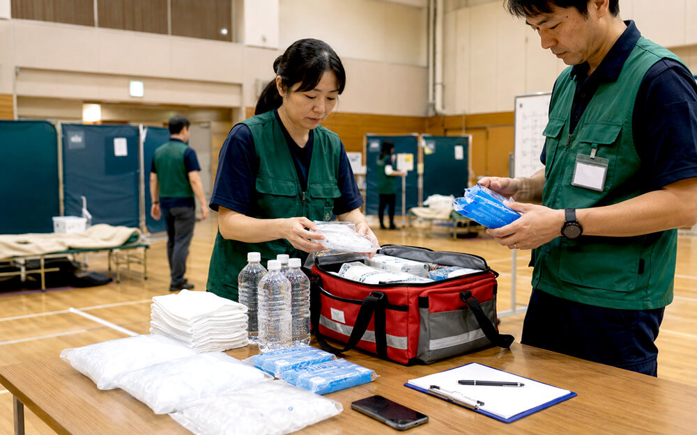 避難所の救護スペースに熱中症応急セットを備える様子