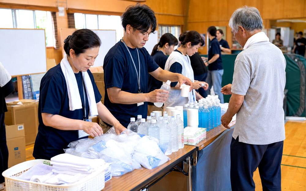 避難所で水分補給とアイススラリーを準備する様子