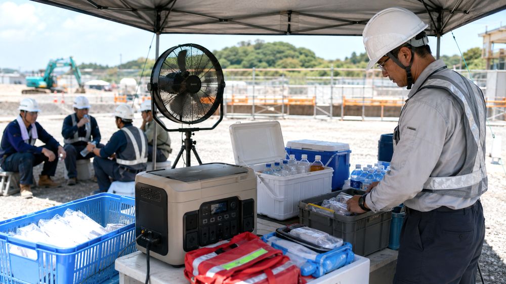 休憩所に応急用品とWBGT計を備えるイメージ