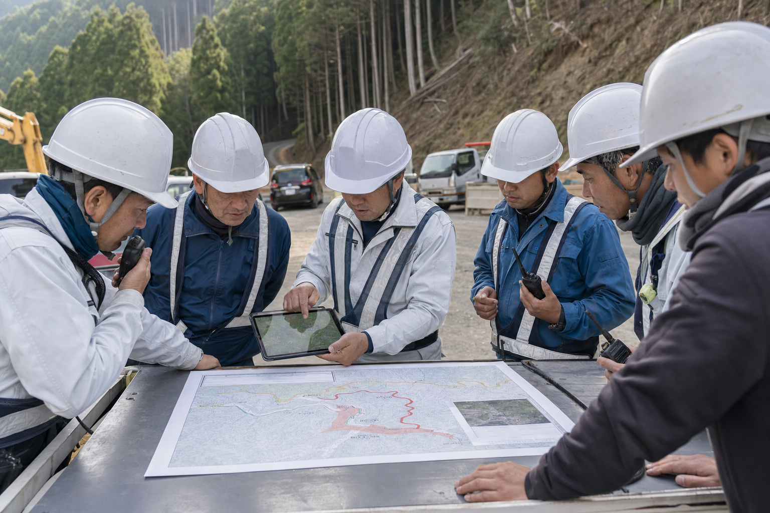 山間部の現場で熊出没情報と退避場所を確認する朝礼イメージ