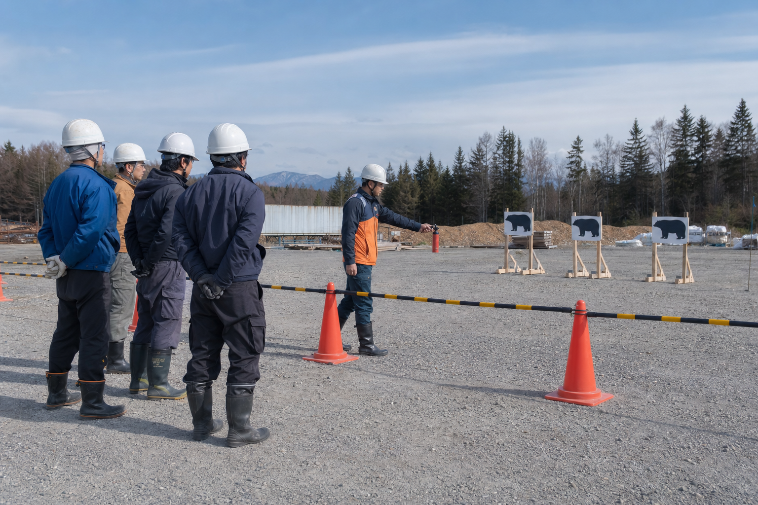 工事関係者が練習用熊スプレーの安全教育を受けるイメージ