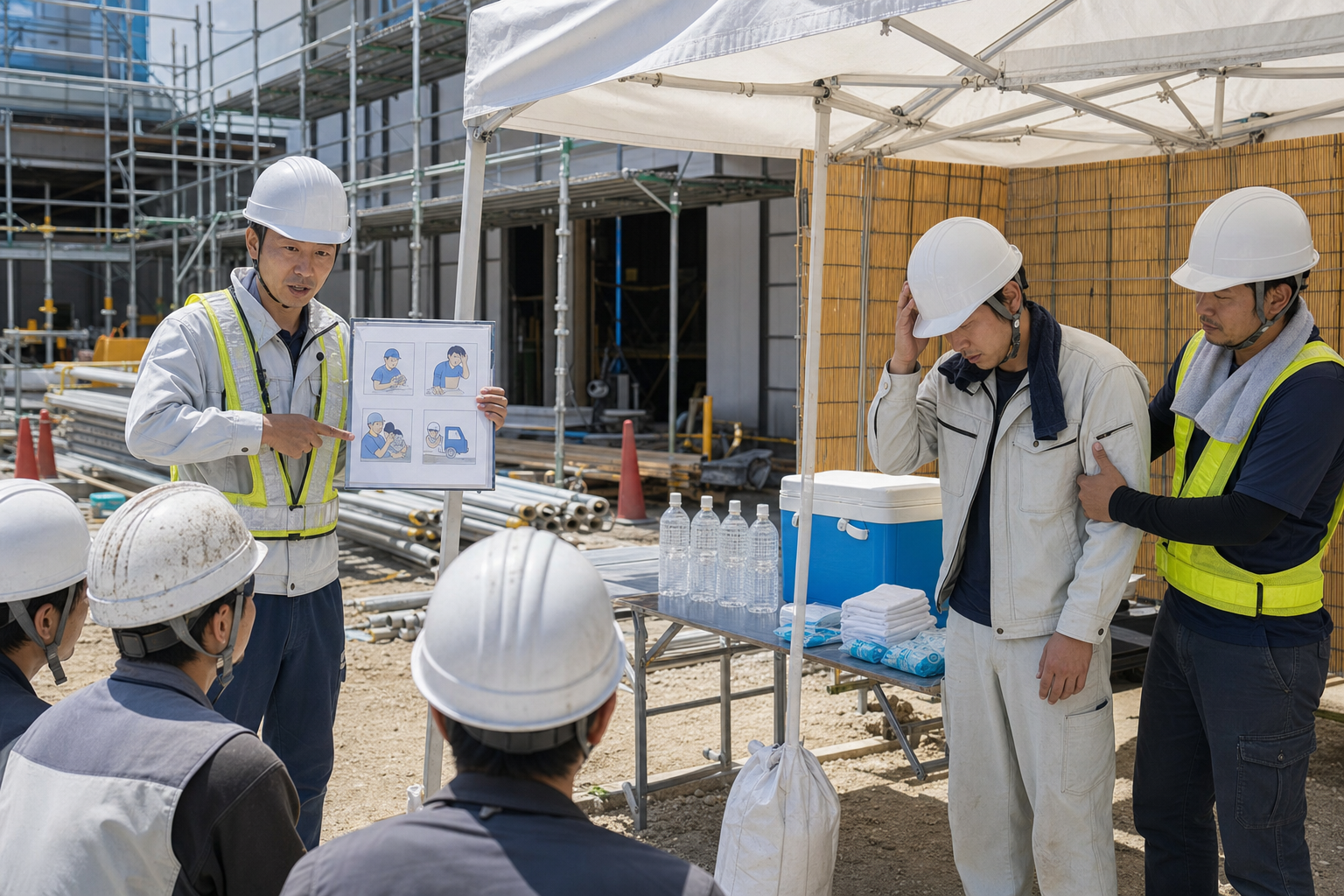 建設現場の朝礼で体調不良時の離脱や冷却対応を確認するイメージ
