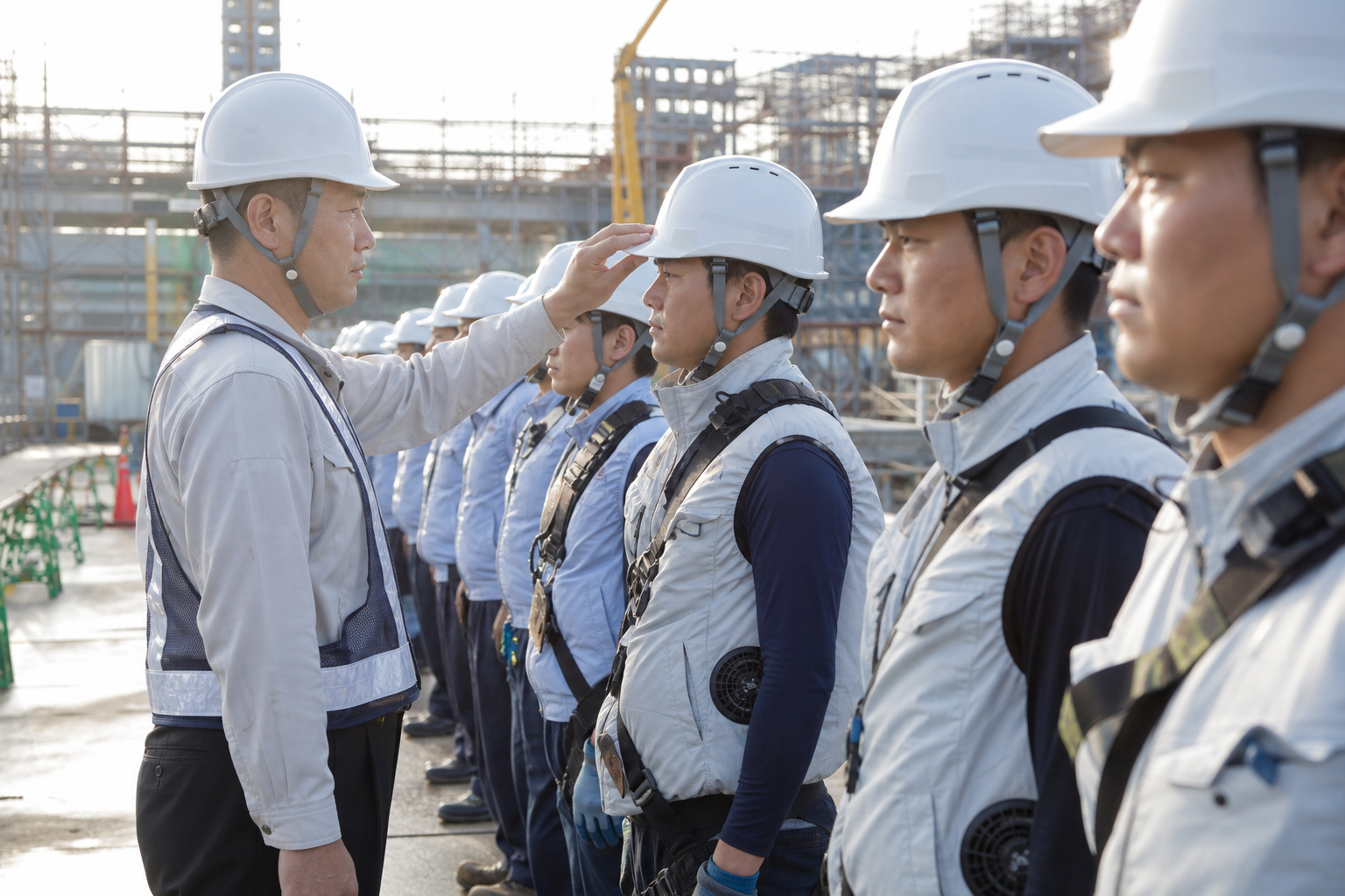 建設現場の朝礼で服装や空調服を確認するイメージ