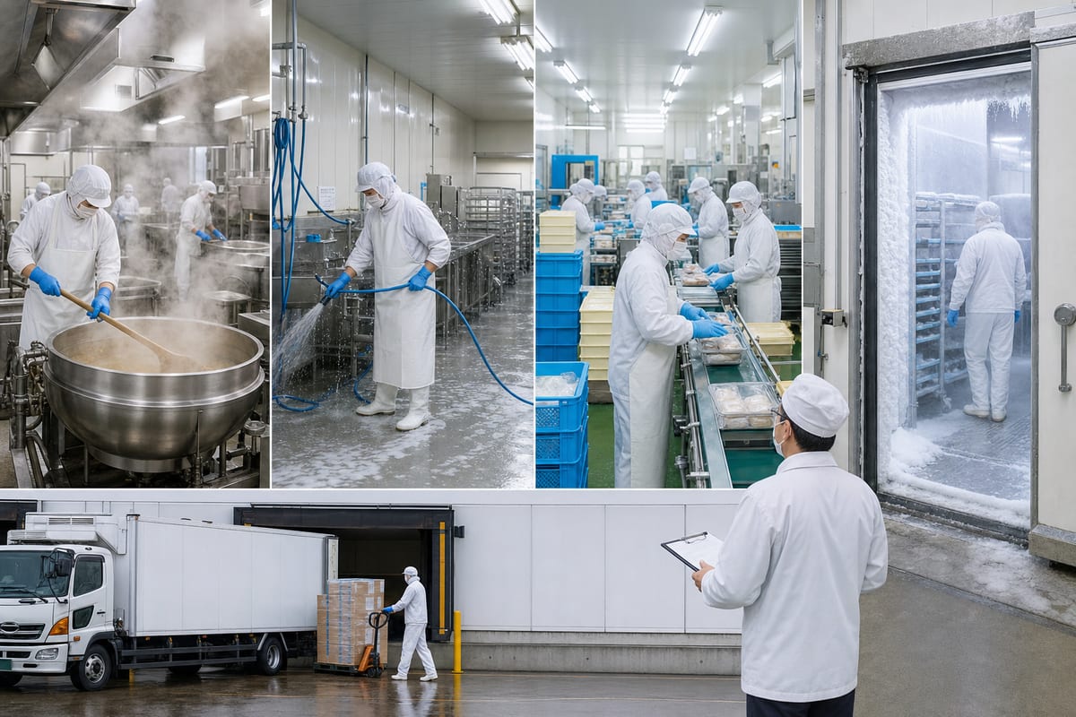 加熱・蒸気・包装・冷蔵・荷受けの食品工場内リスクを比較するイメージ
