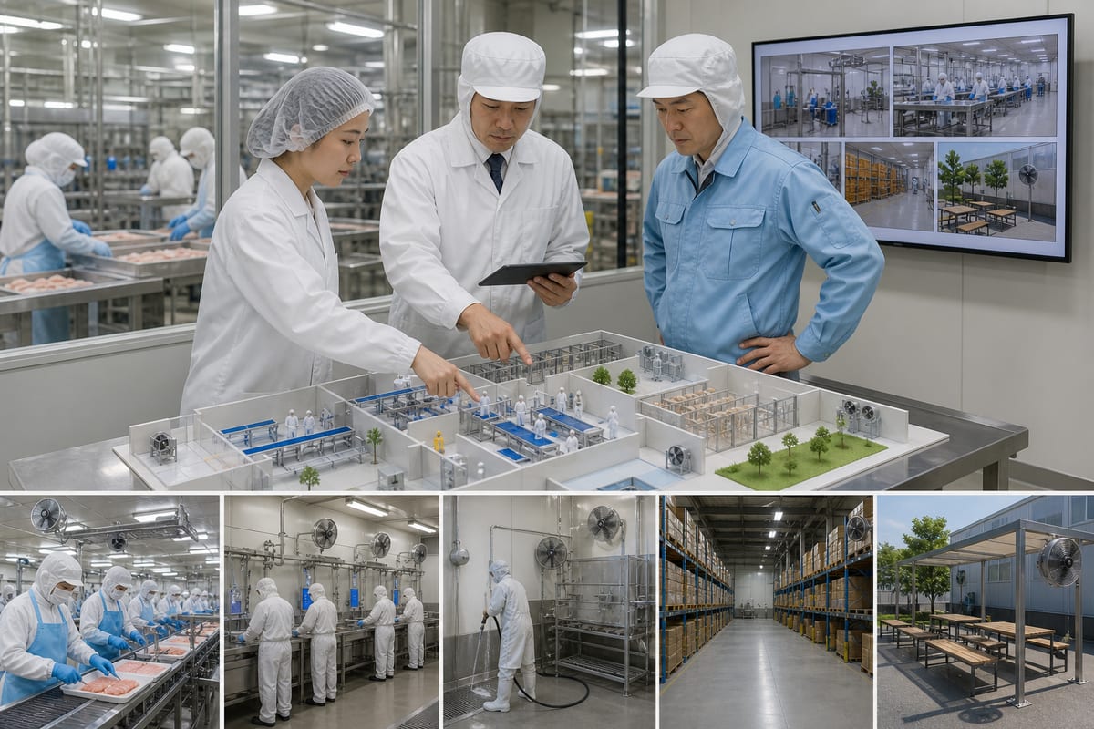 食品工場の開放食品・包装・洗浄・倉庫・休憩区域で冷却方法を分けるイメージ
