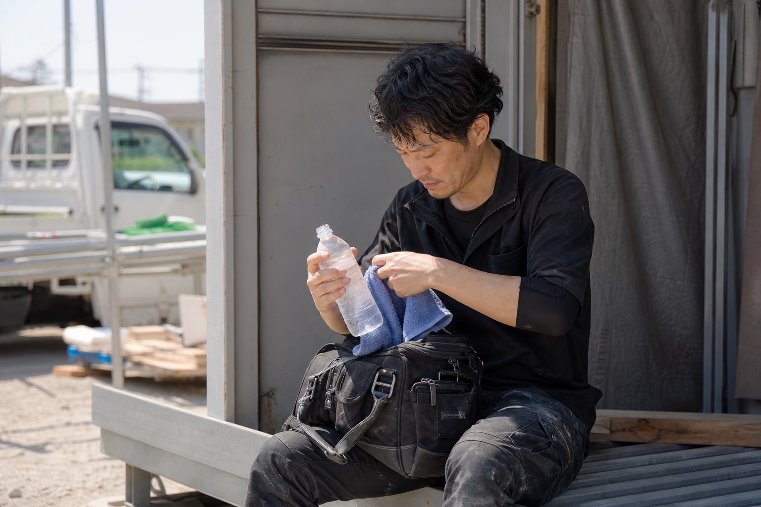 現場バッグから飲料や冷感タオルを取り出して休憩するイメージ