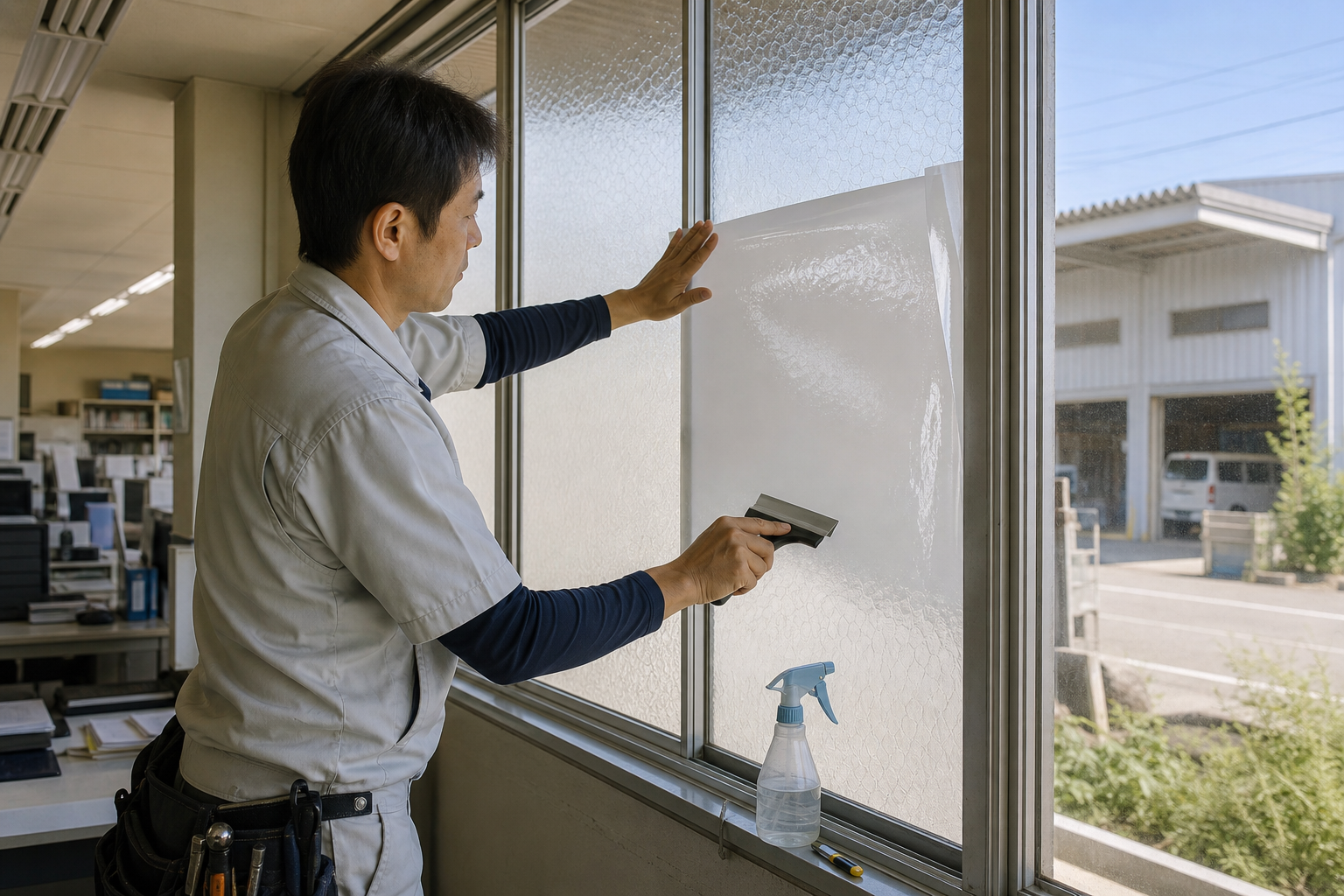 凸凹ガラスへ白色の遮熱シートを施工するイメージ